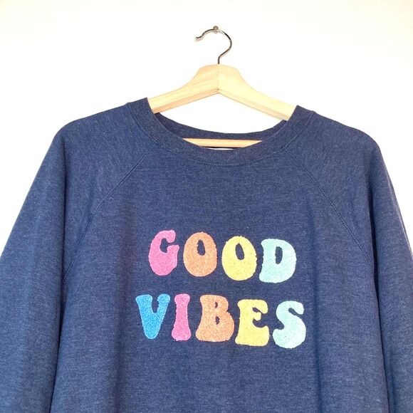 Wildfox Size Small Navy Blue GOOD VIBES Pullover Sweatshirt Loungewear - Picture 3 of 10